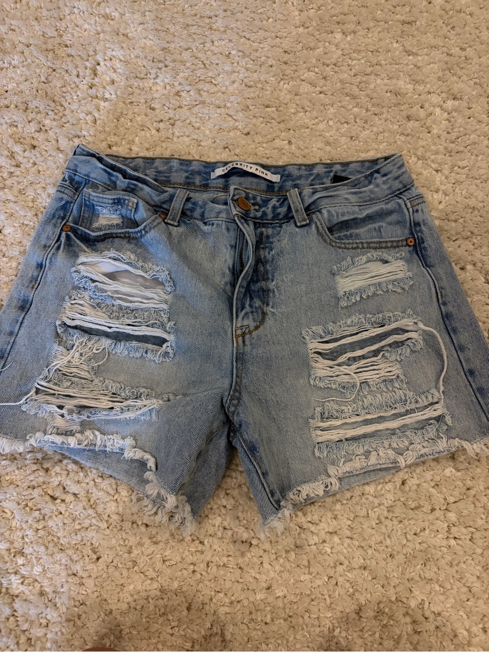 Celebrity Pink Light Blue Distressed Denim Cutoff Shorts